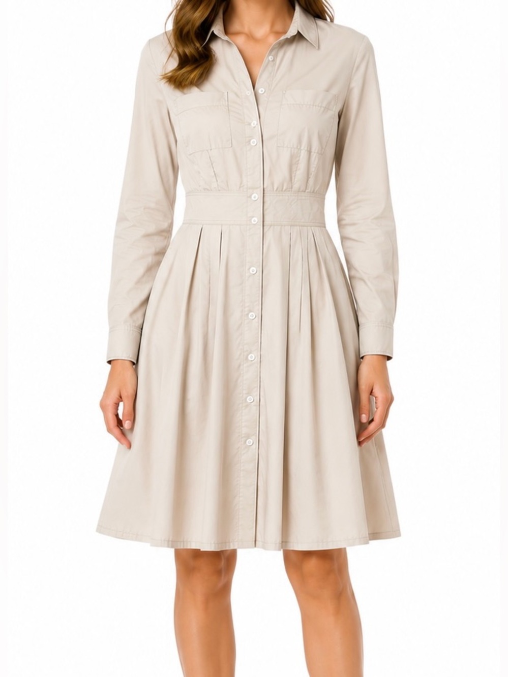 Club Monaco Beige Long Sleeve Button-Front Shirt Dress